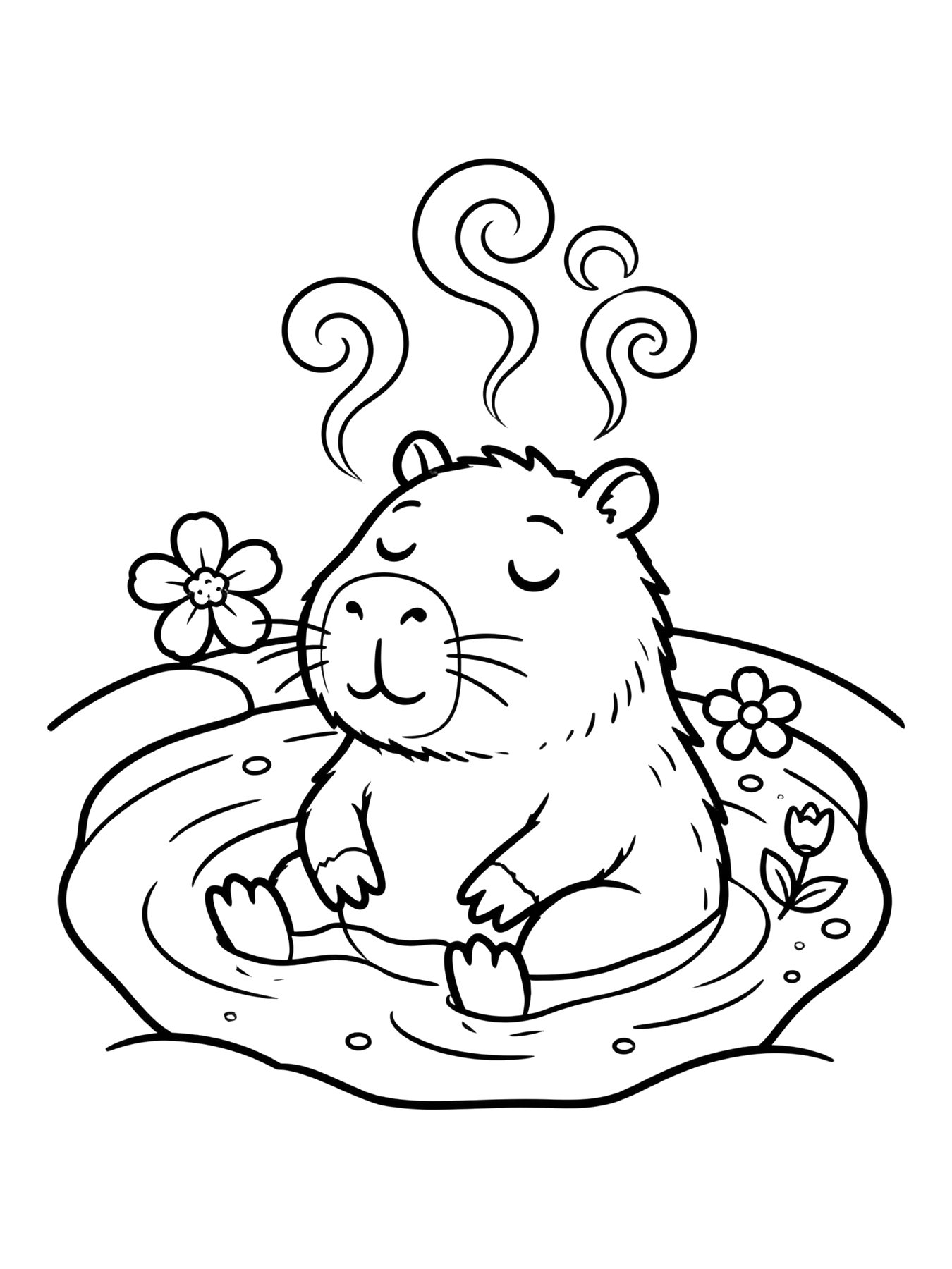 Desenho de capivara relaxando na água quente para colorir