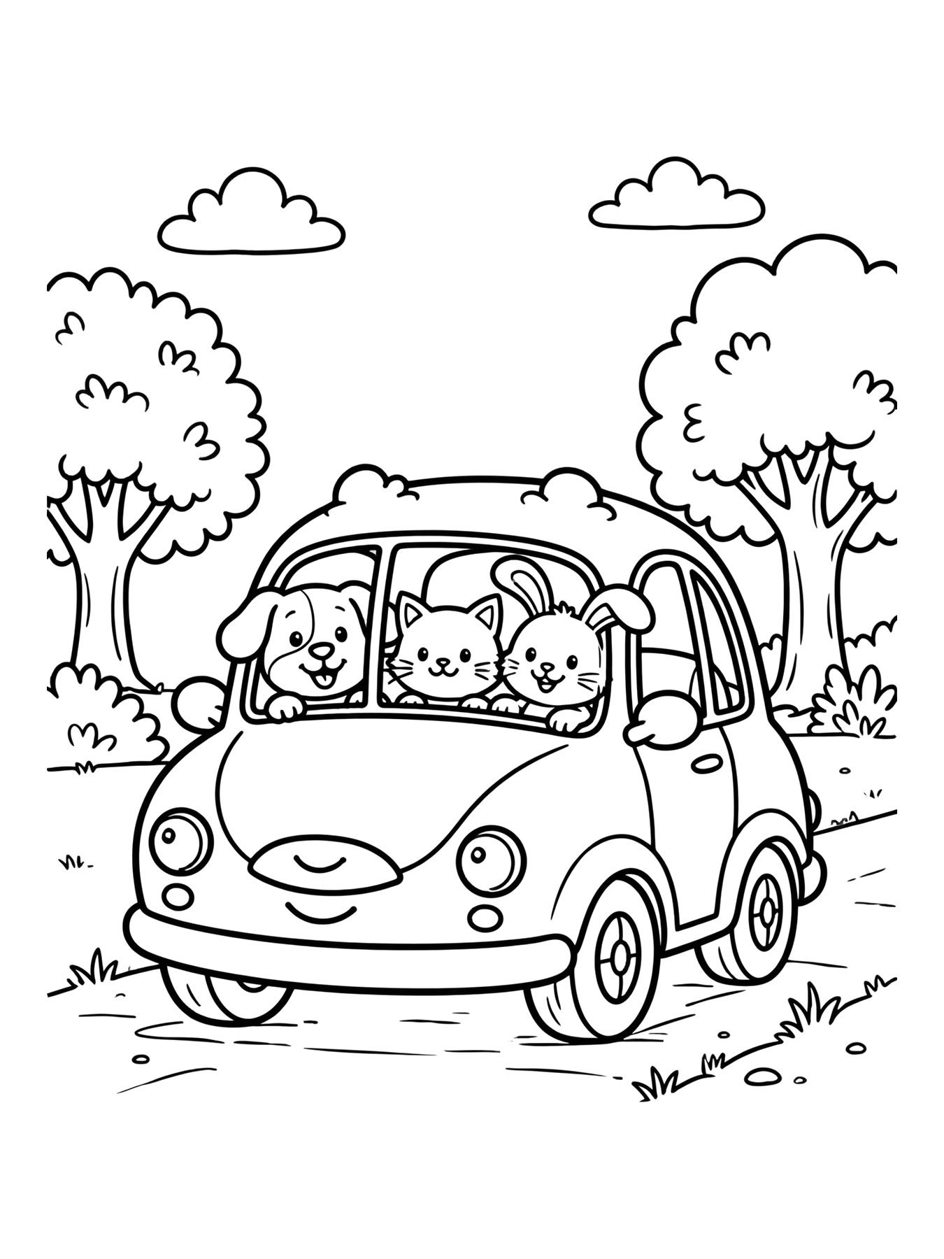 Desenho de carro com animais passeando para colorir