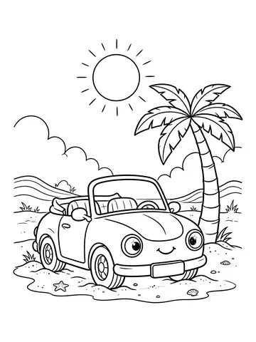 Desenho de carro conversivel na praia para colorir
