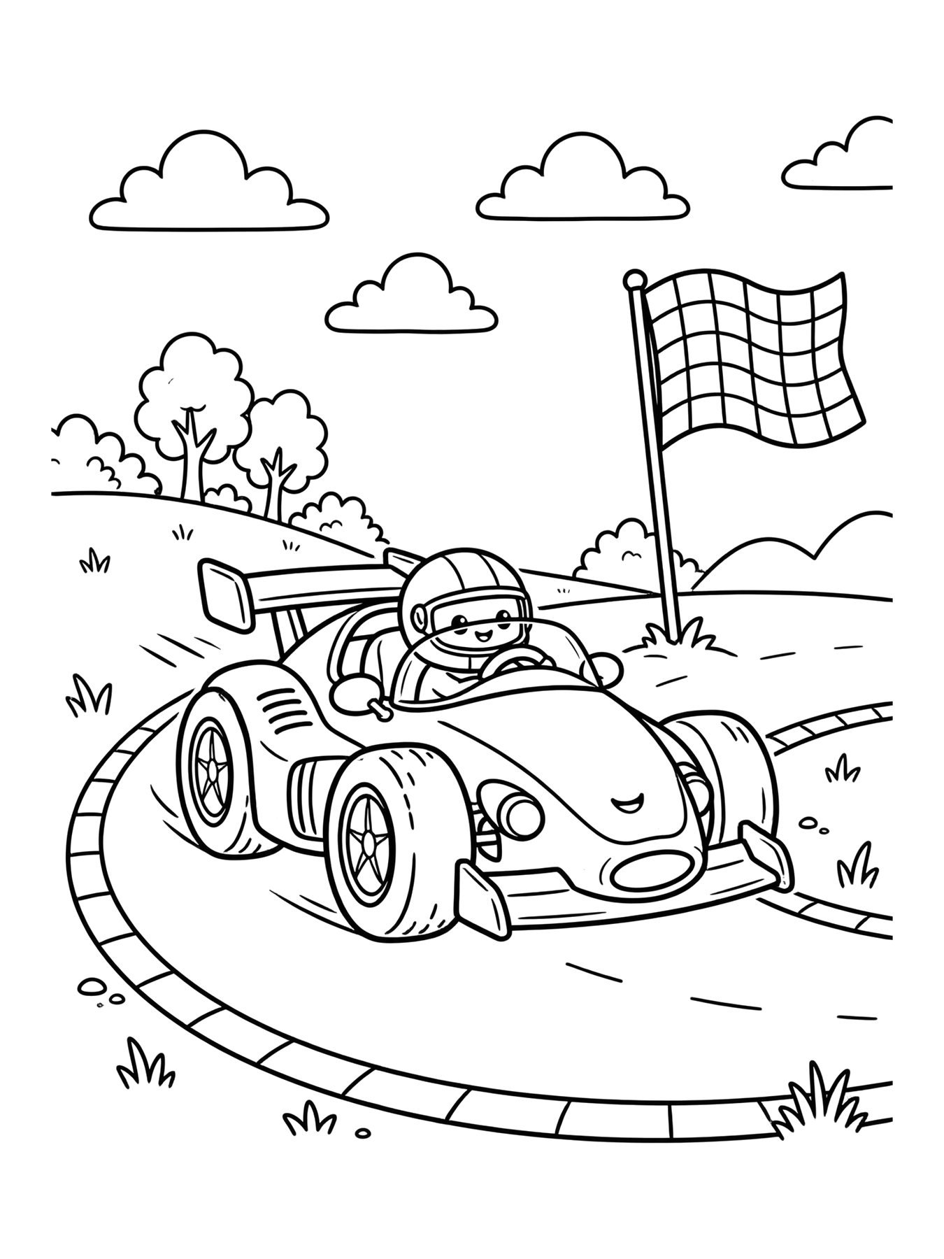 Desenho de carro de corrida na pista com bandeira para colorir