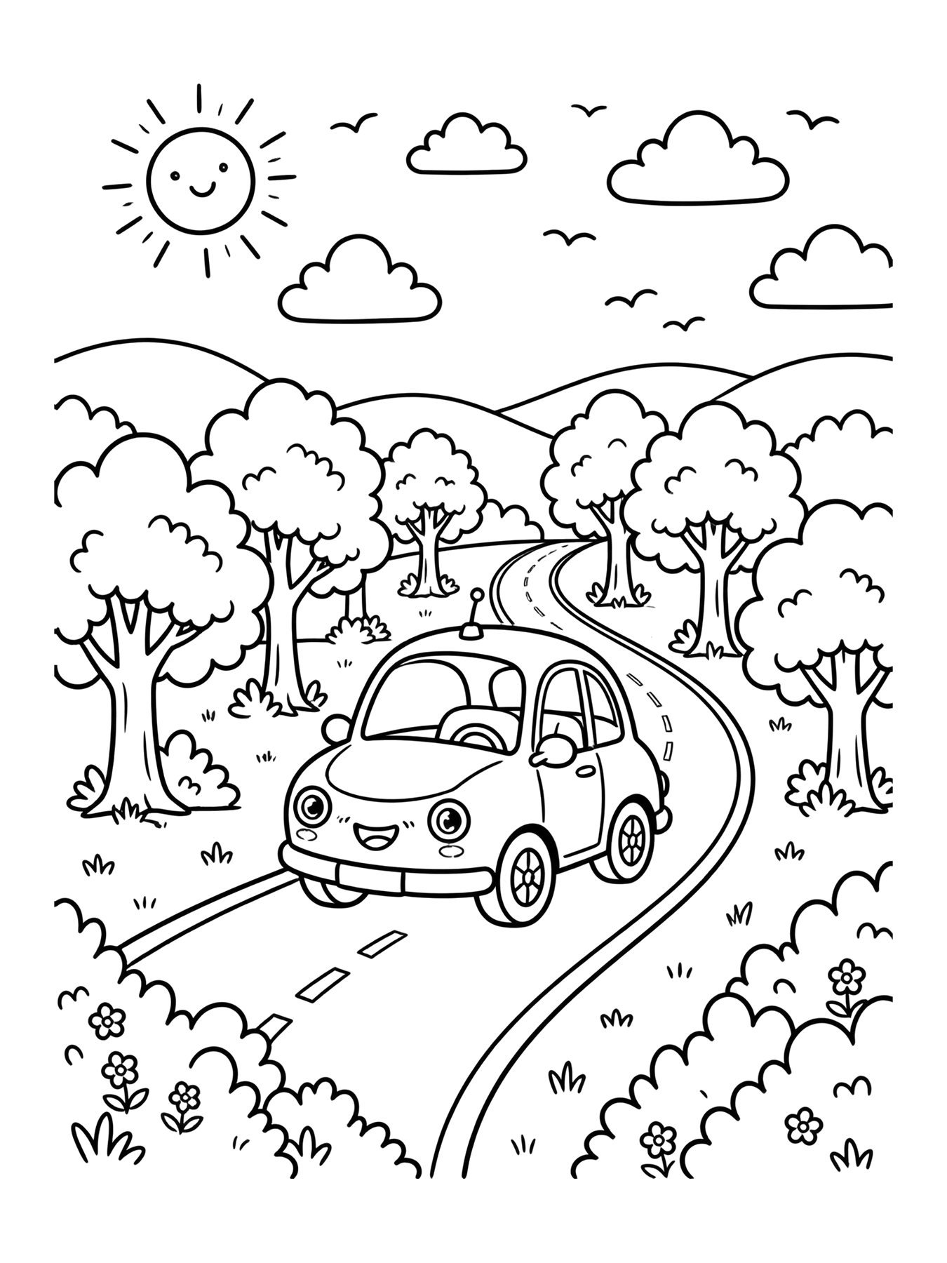 Desenho de carro na estrada com árvores para colorir