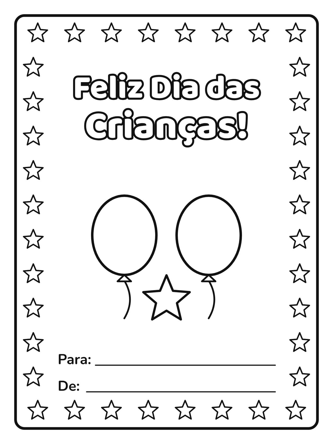 Cartão de Dia das Crianças para colorir com a frase Feliz Dia das Crianças!
