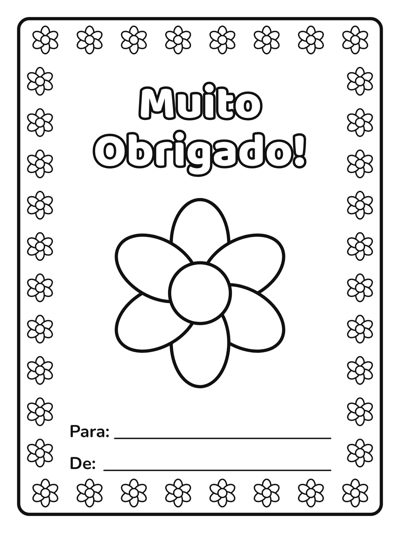 Cartão de Agradecimento para colorir com a frase Muito Obrigado!