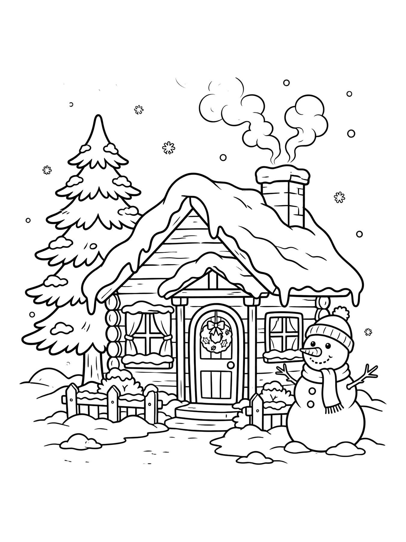 Desenho de casa de Papai Noel com neve para colorir