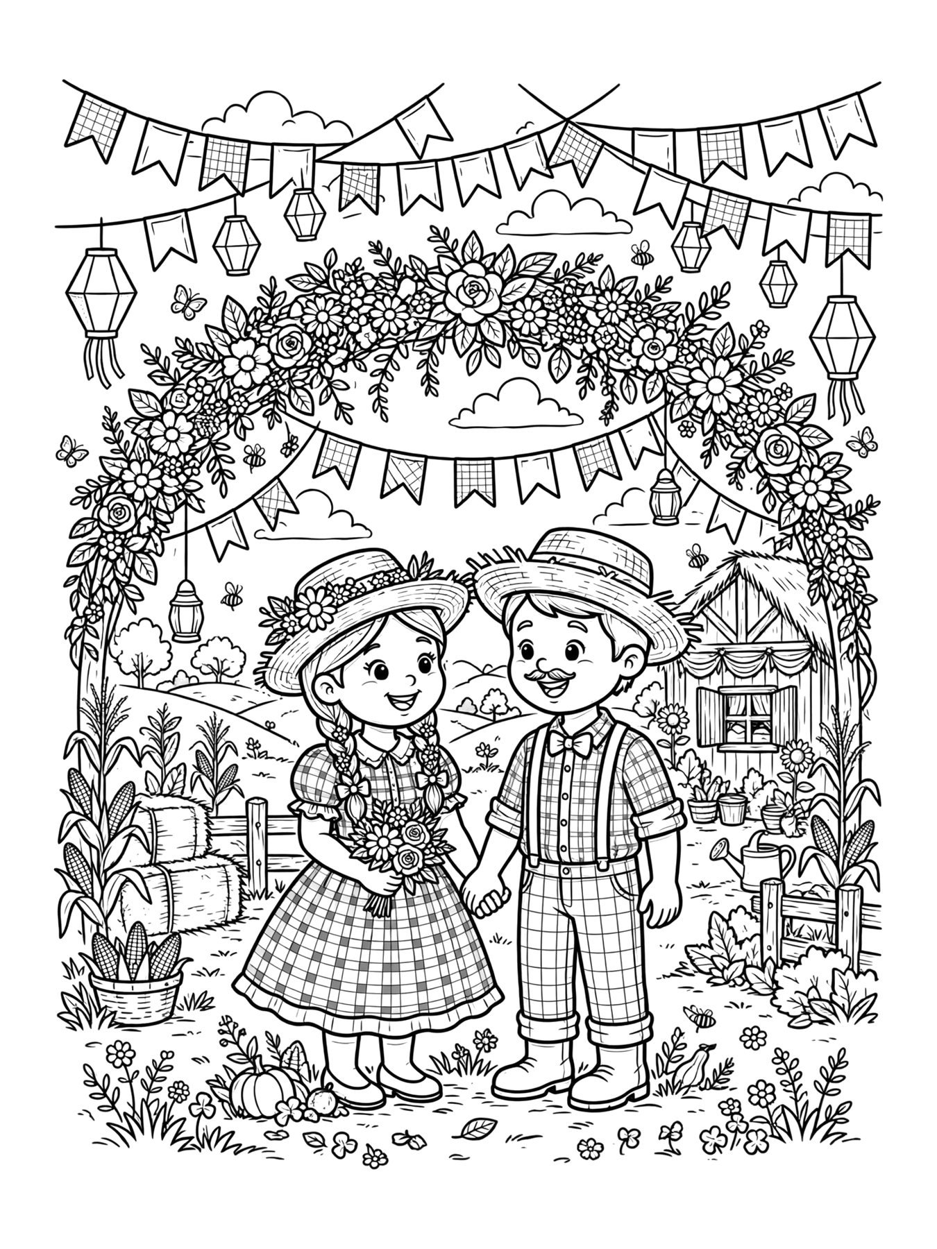 Desenho de casamento caipira para colorir