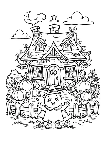 Desenho de casinha assombrada fofa com abóboras no jardim para colorir