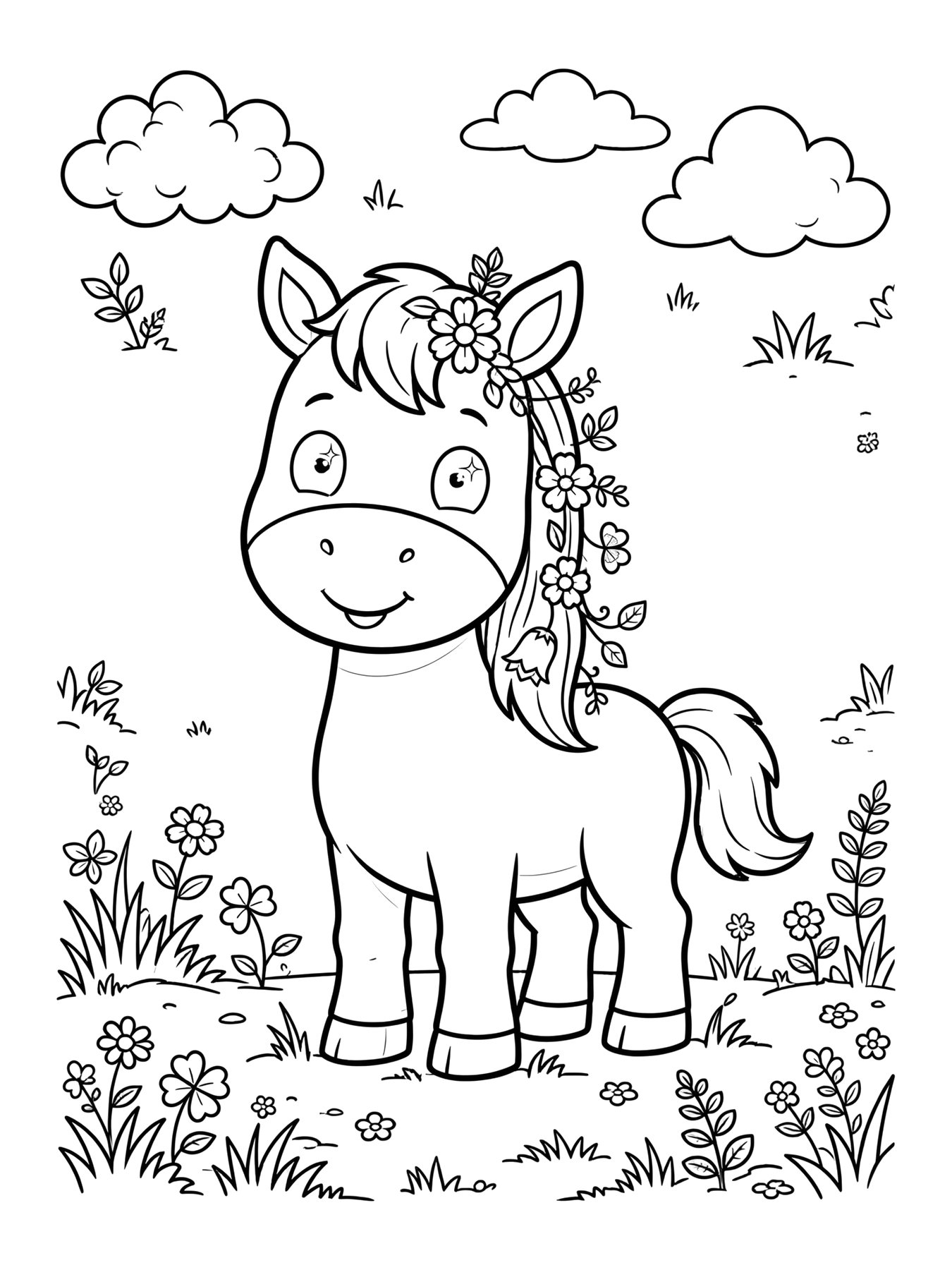 Desenho de cavalo com flores na crina para colorir
