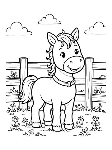 Desenho de cavalo na fazenda com cerca para colorir