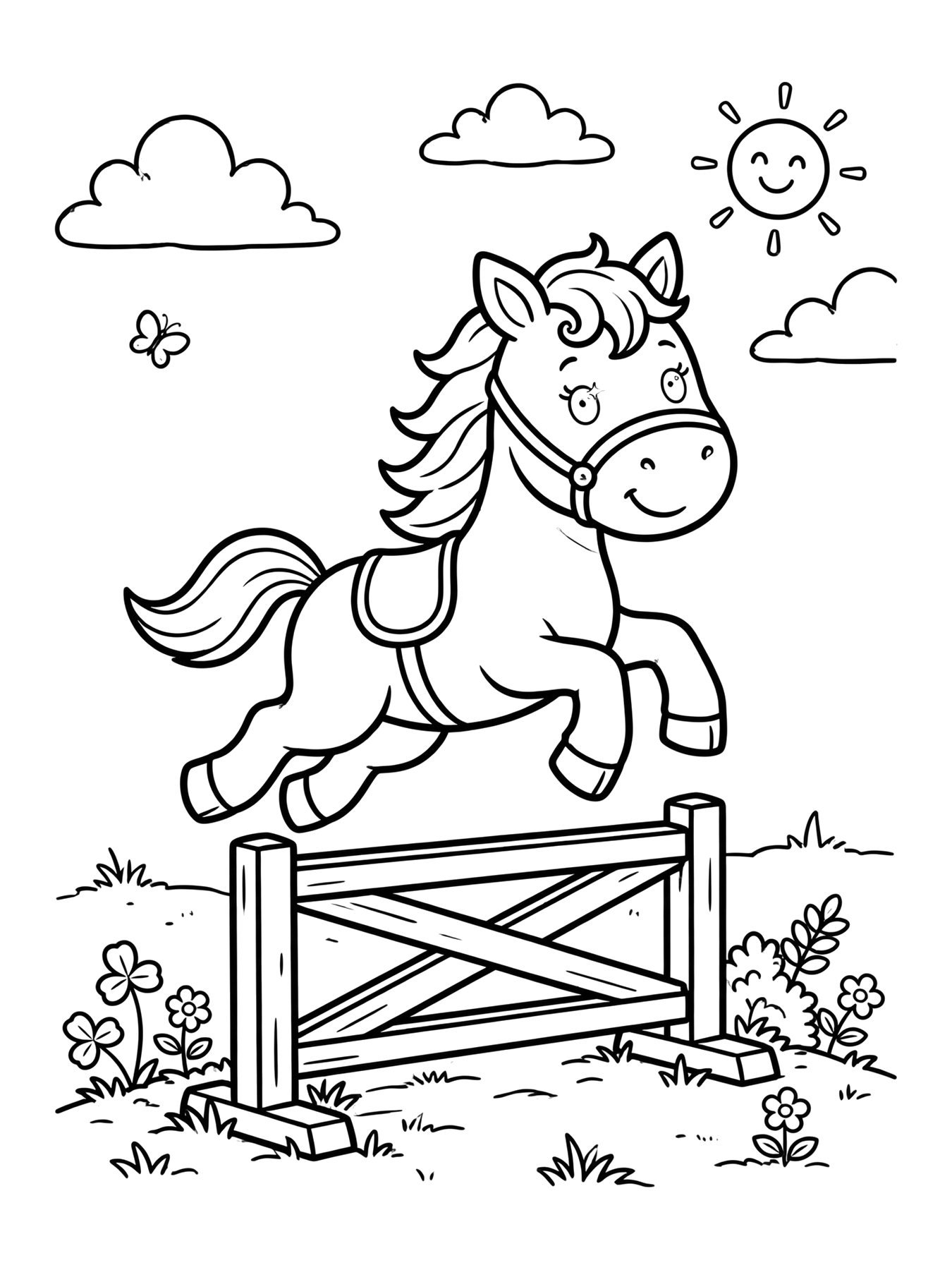 Desenho de cavalo pulando obstáculo para colorir