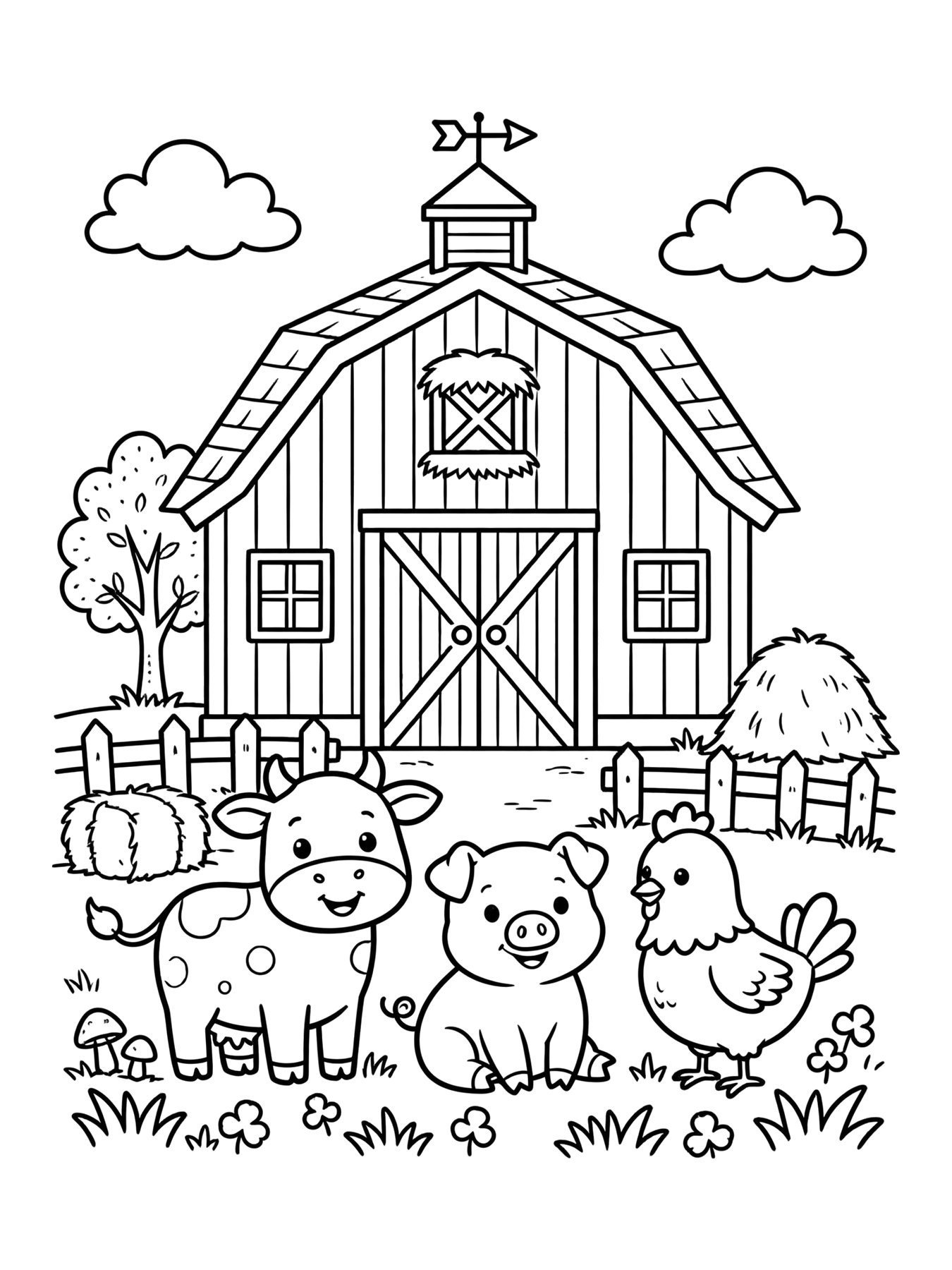 Desenho de celeiro vermelho com animais para colorir