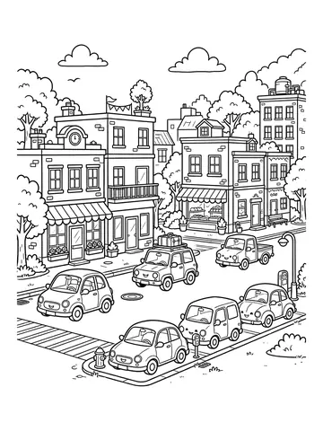 Desenho de cidade com vários carros para colorir
