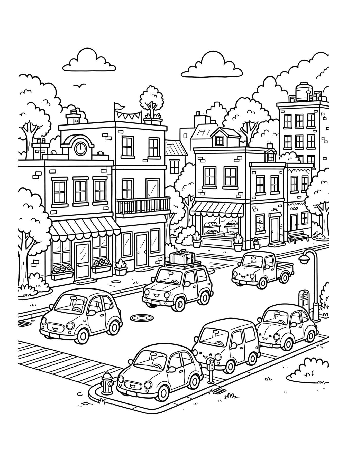 Desenho de cidade com vários carros para colorir