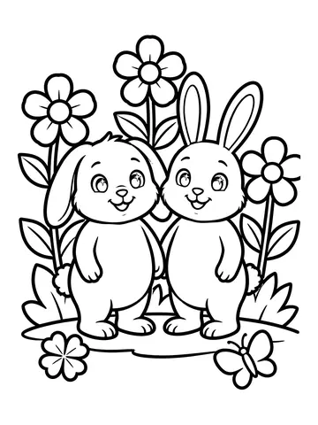 Desenho de coelhos no jardim para colorir