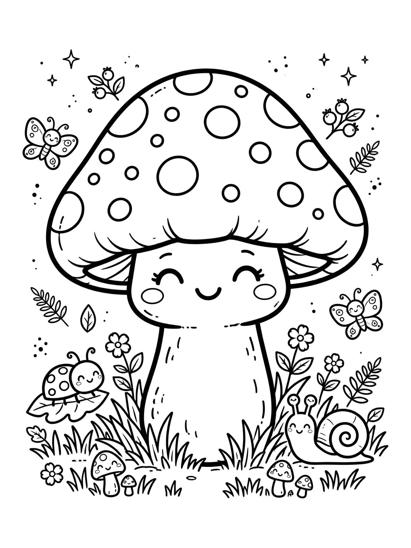 Desenho de cogumelo kawaii para colorir