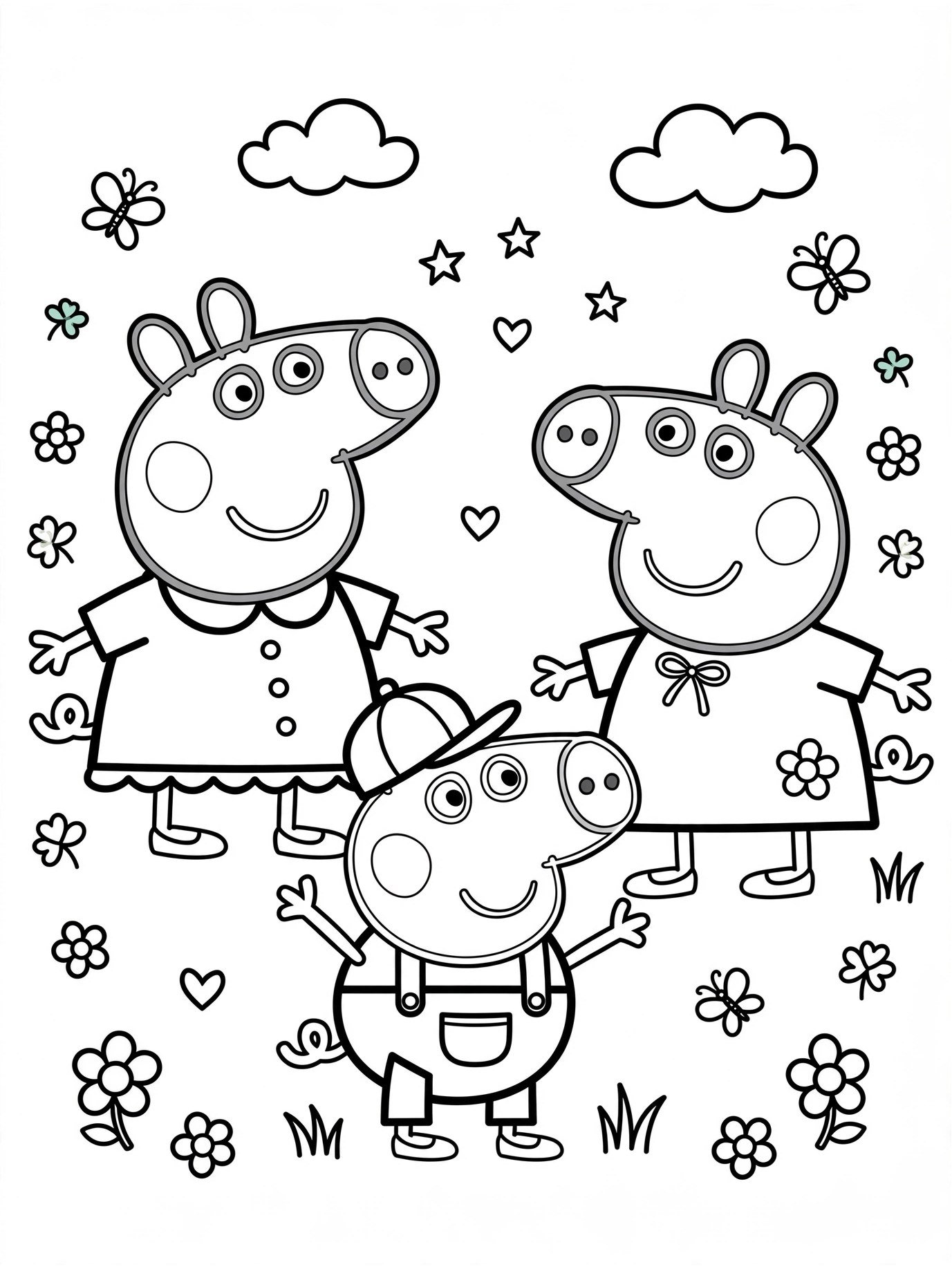 Desenho de Peppa Pig com amigos para colorir