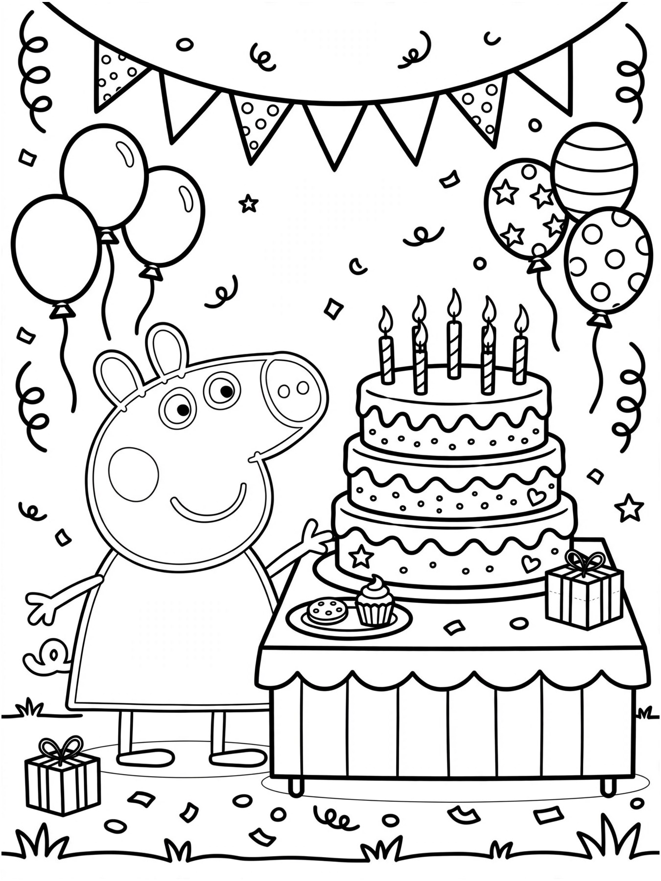 Desenho de Peppa Pig com bolo para colorir