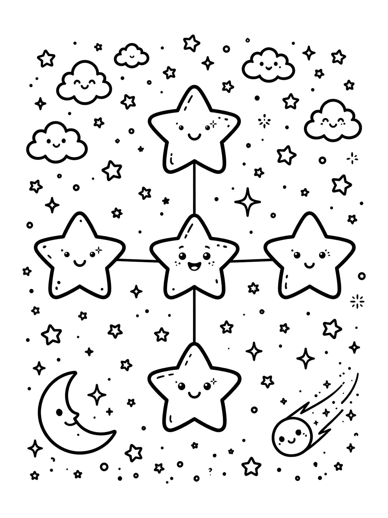 Desenho de constelação do Cruzeiro do Sul no céu estrelado para colorir