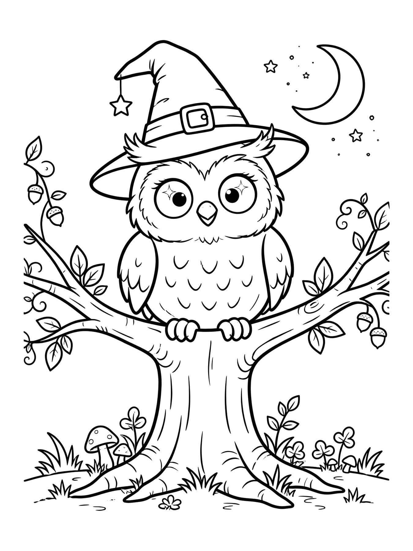 Desenho de coruja com chapéu de bruxa em um galho para colorir