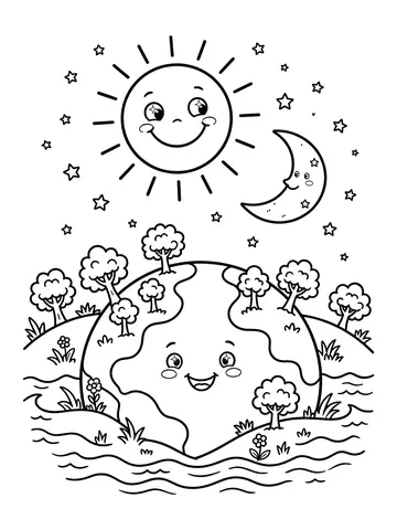 Desenho de criação do mundo com sol e estrelas para colorir