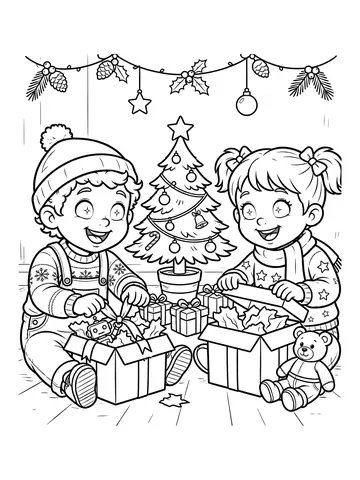 Desenho de crianças abrindo presentes para colorir