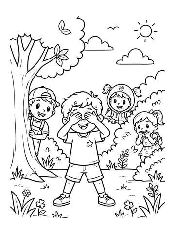 Desenho de crianças brincando de esconde-esconde para colorir