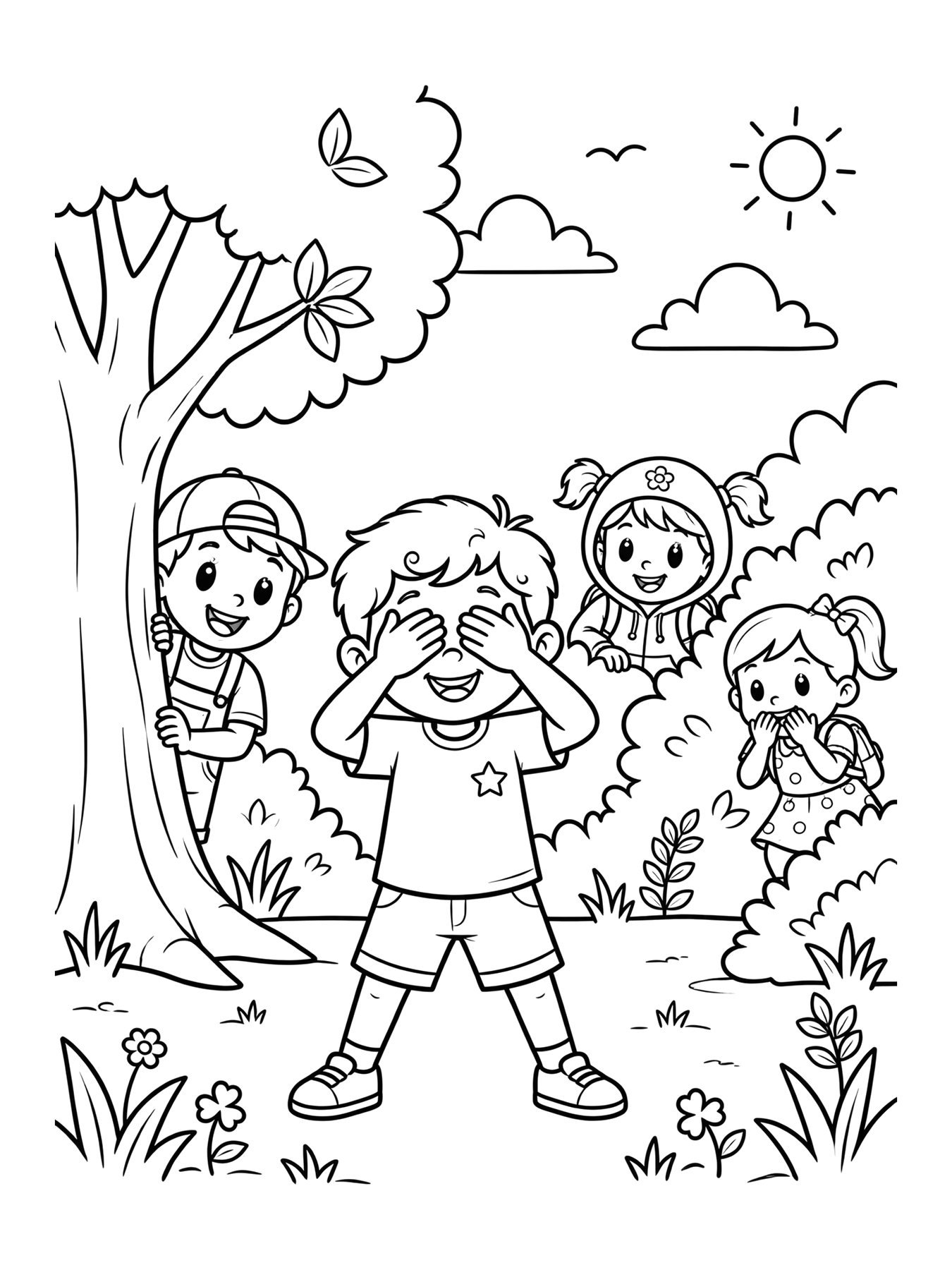 Desenho de crianças brincando de esconde-esconde para colorir