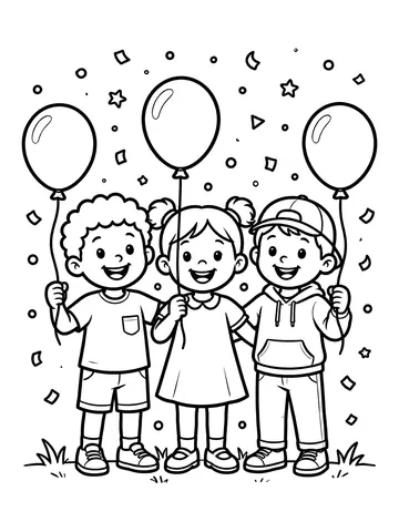Desenho de crianças com balões e confete para colorir