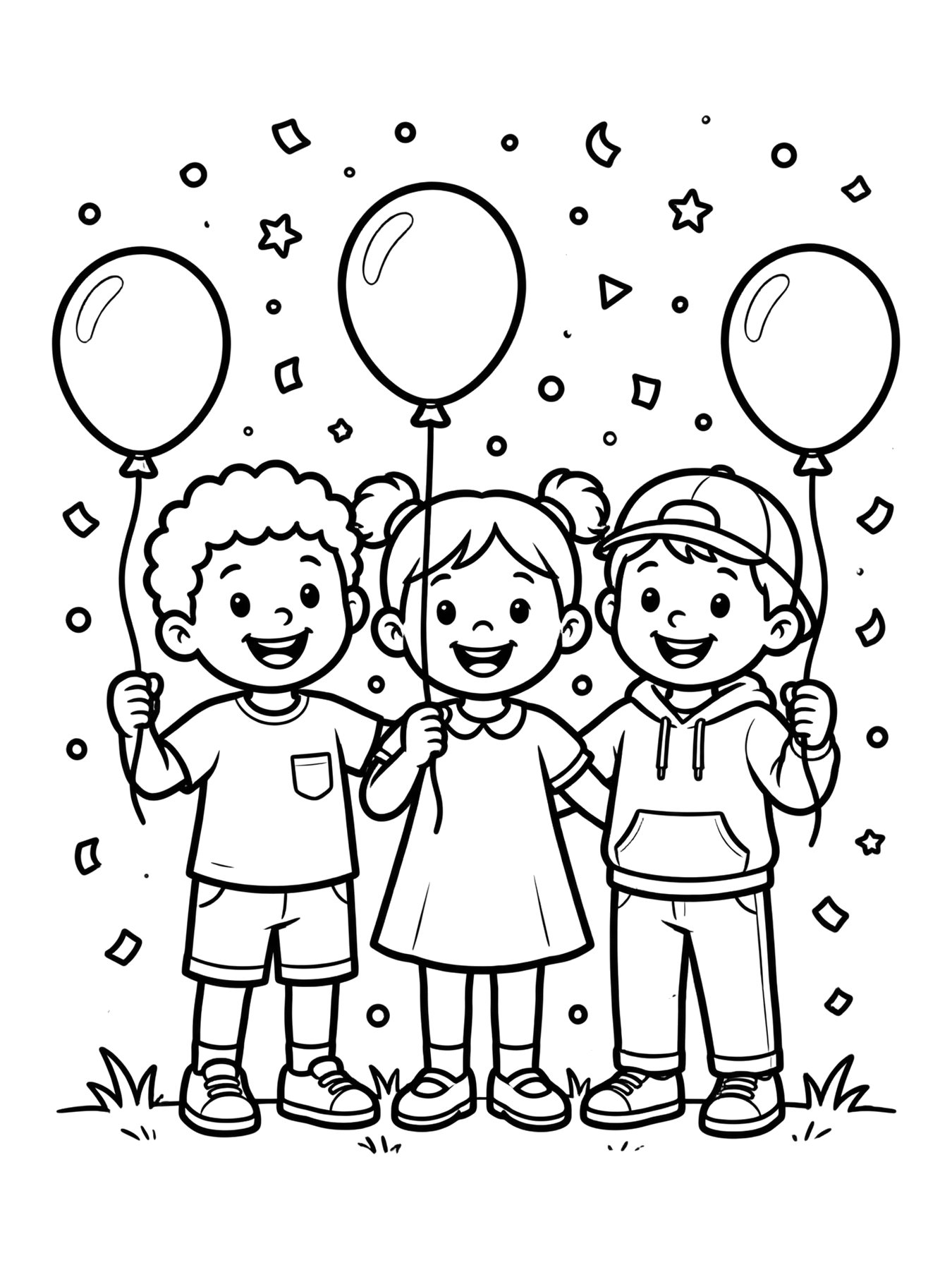 Desenho de crianças com balões e confete para colorir