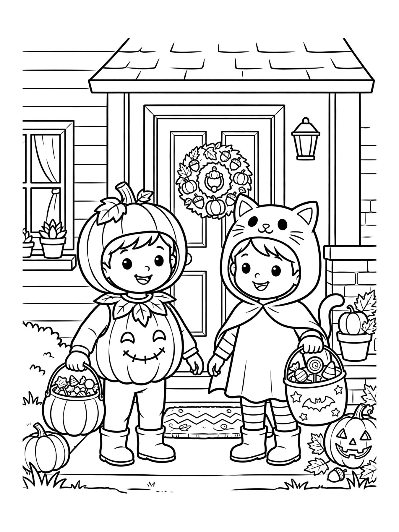 Desenho de crianças fantasiadas pedindo doces para colorir