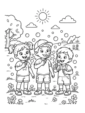 Desenho de crianças fazendo bolhas de sabão para colorir