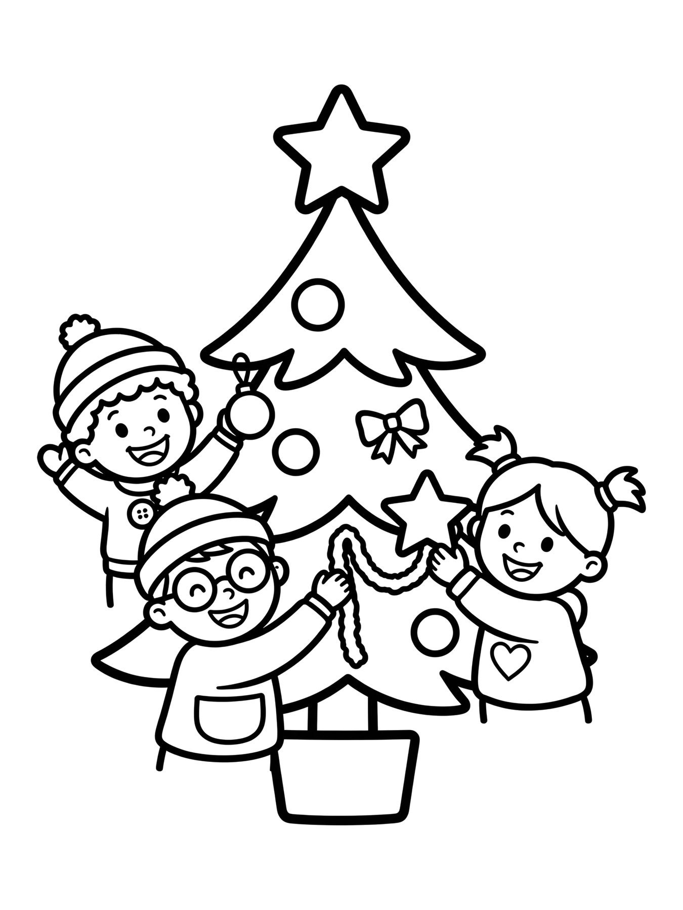Desenho de crianças montando a árvore de Natal para colorir