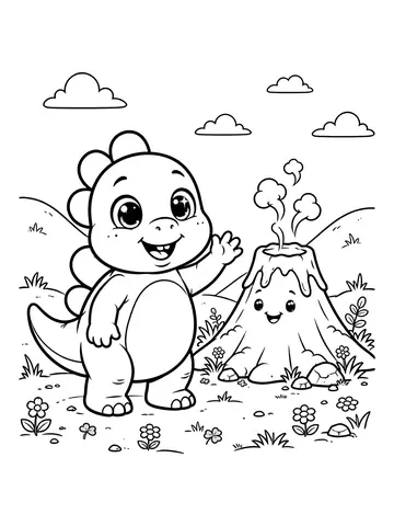 Desenho de dino Dudu acenando ao lado de um vulcão fofo para colorir