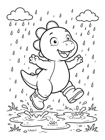 Desenho de dino Dudu pulando poças de chuva com galochas para colorir