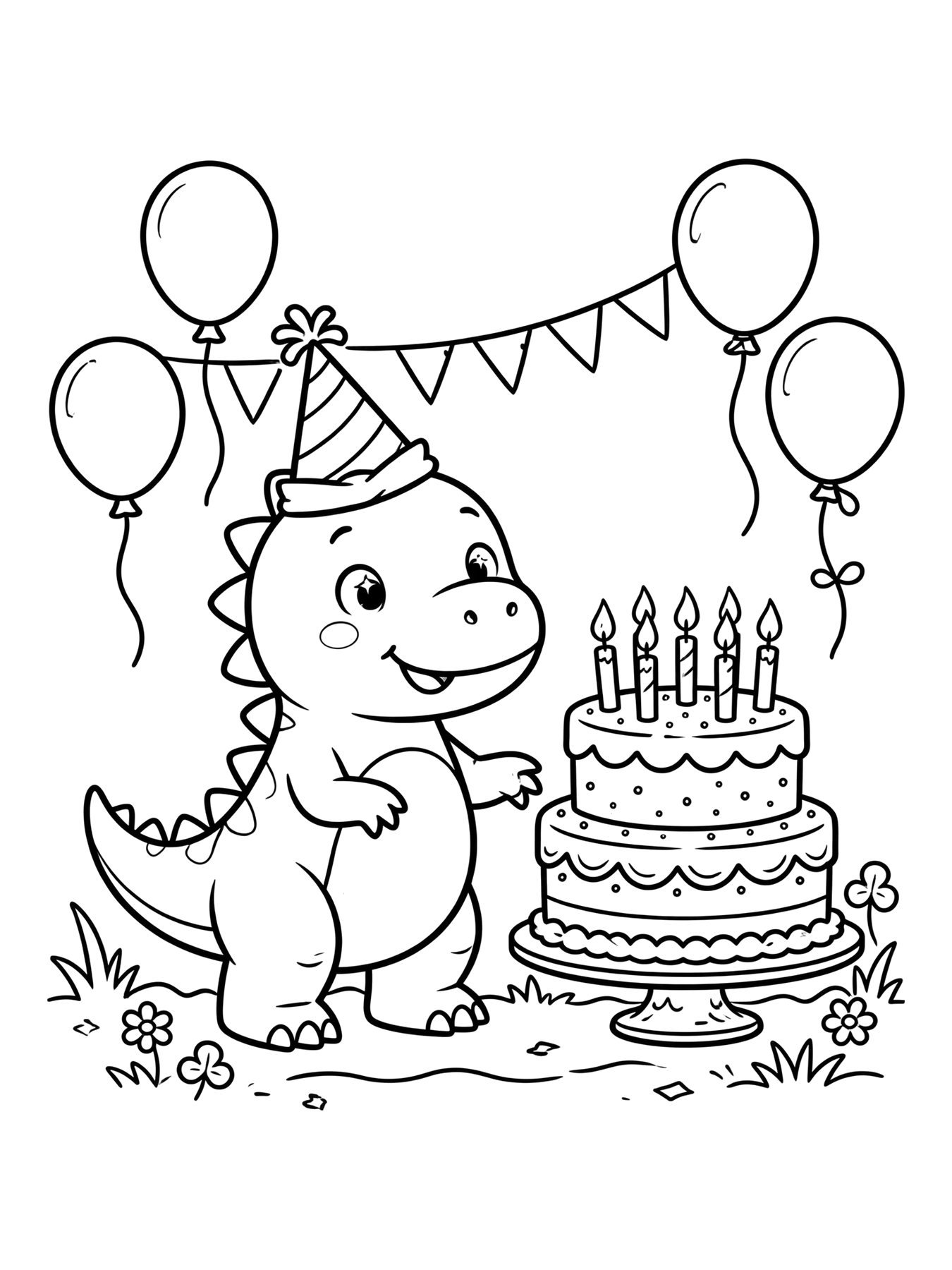 Desenho de dinossauro com chapéu de aniversário e bolo para colorir