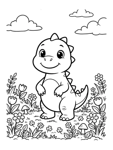 Desenho de dinossauro com flores para colorir