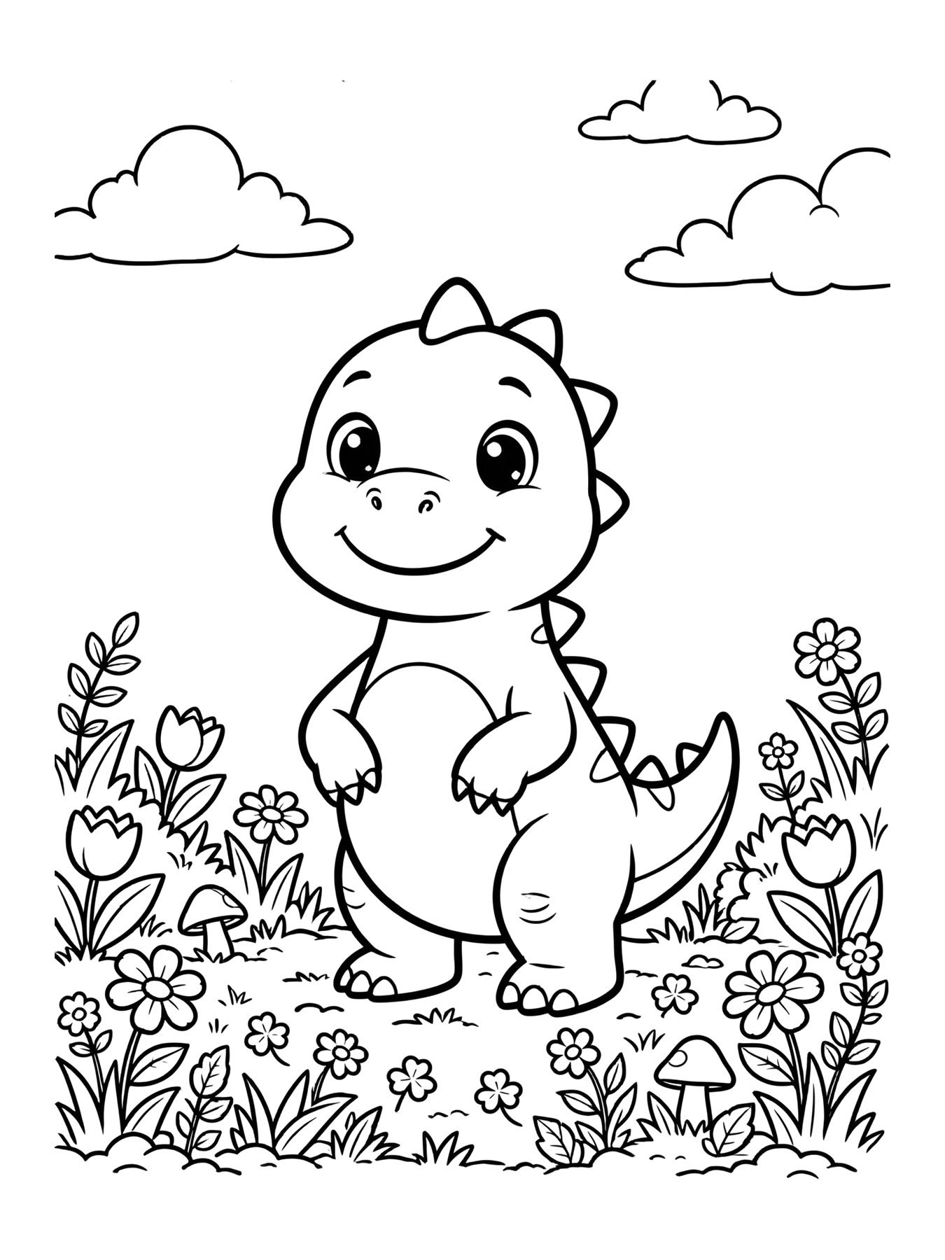 Desenho de dinossauro com flores para colorir