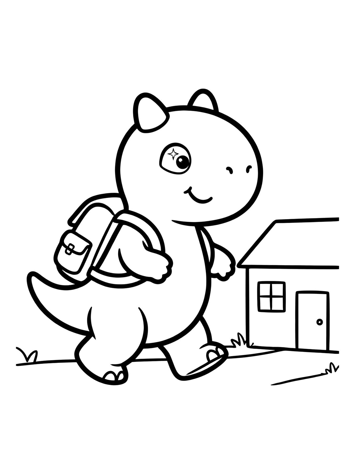 Desenho de dinossauro com mochila indo para a escola para colorir