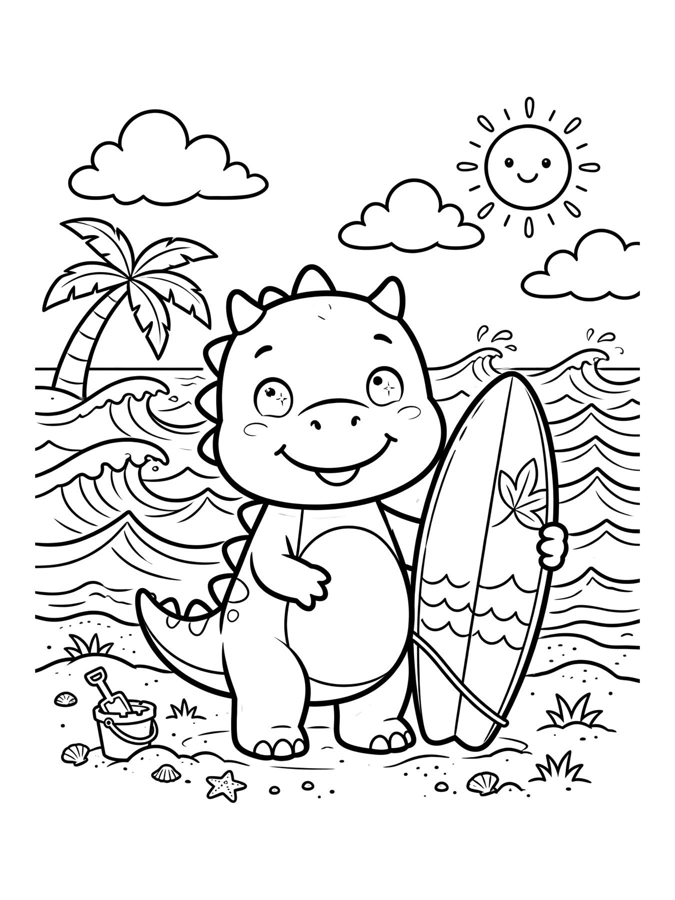 Desenho de dinossauro na praia com prancha de surf para colorir