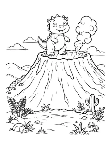 Desenho de dinossauro no vulcão fumegando para colorir