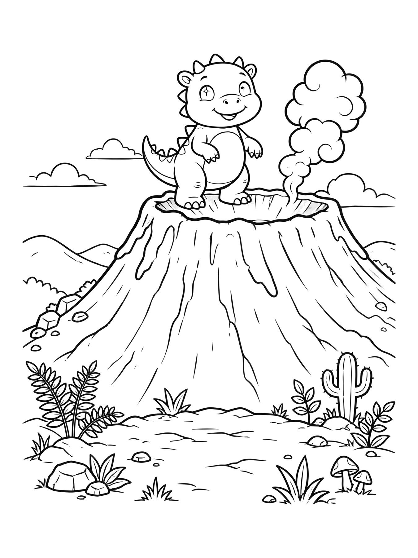 Desenho de dinossauro no vulcão fumegando para colorir