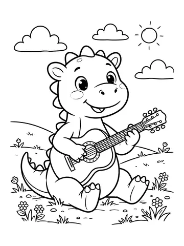 Desenho de dinossauro tocando violão para colorir