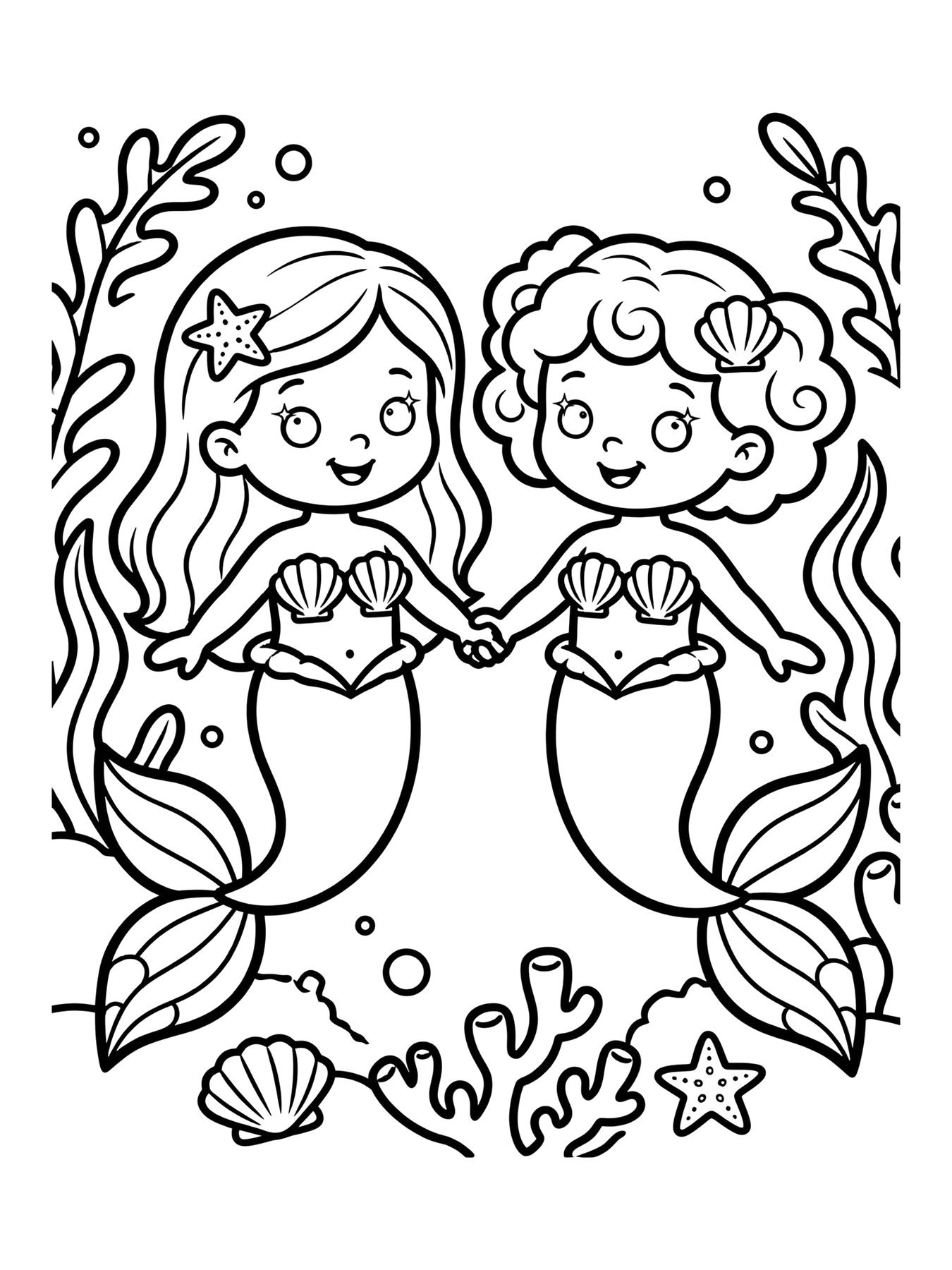 Desenho de duas sereias amigas para colorir