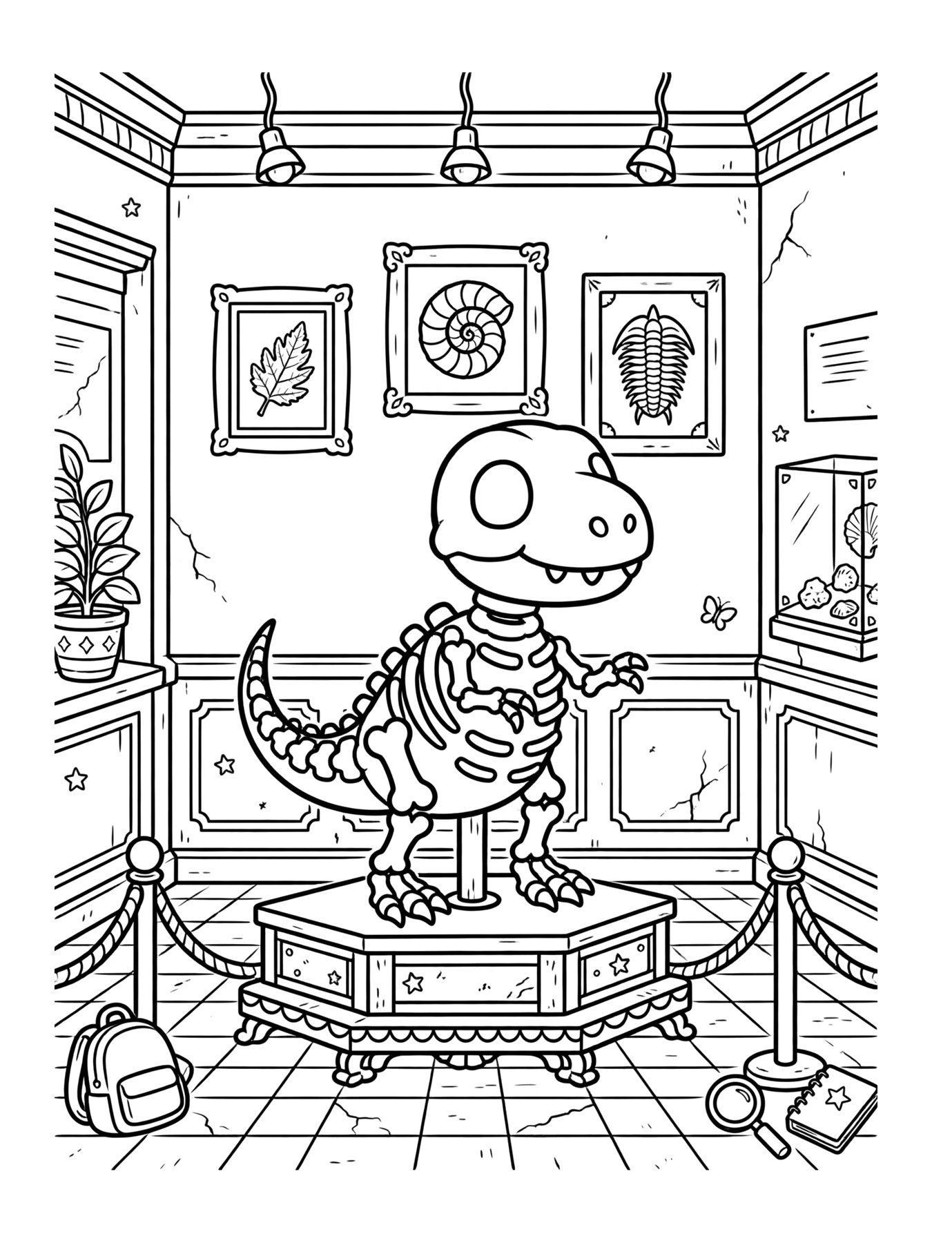 Desenho de esqueleto de dinossauro no museu para colorir