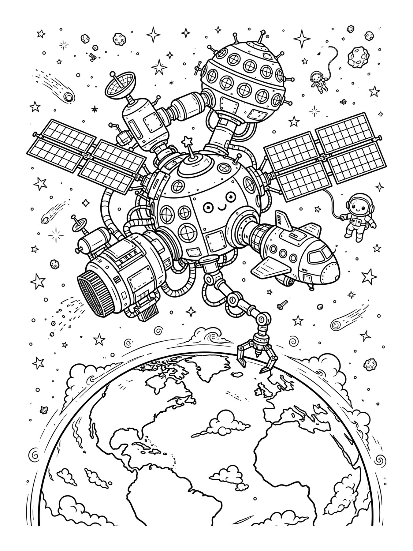 Desenho de estação espacial orbitando a Terra para colorir