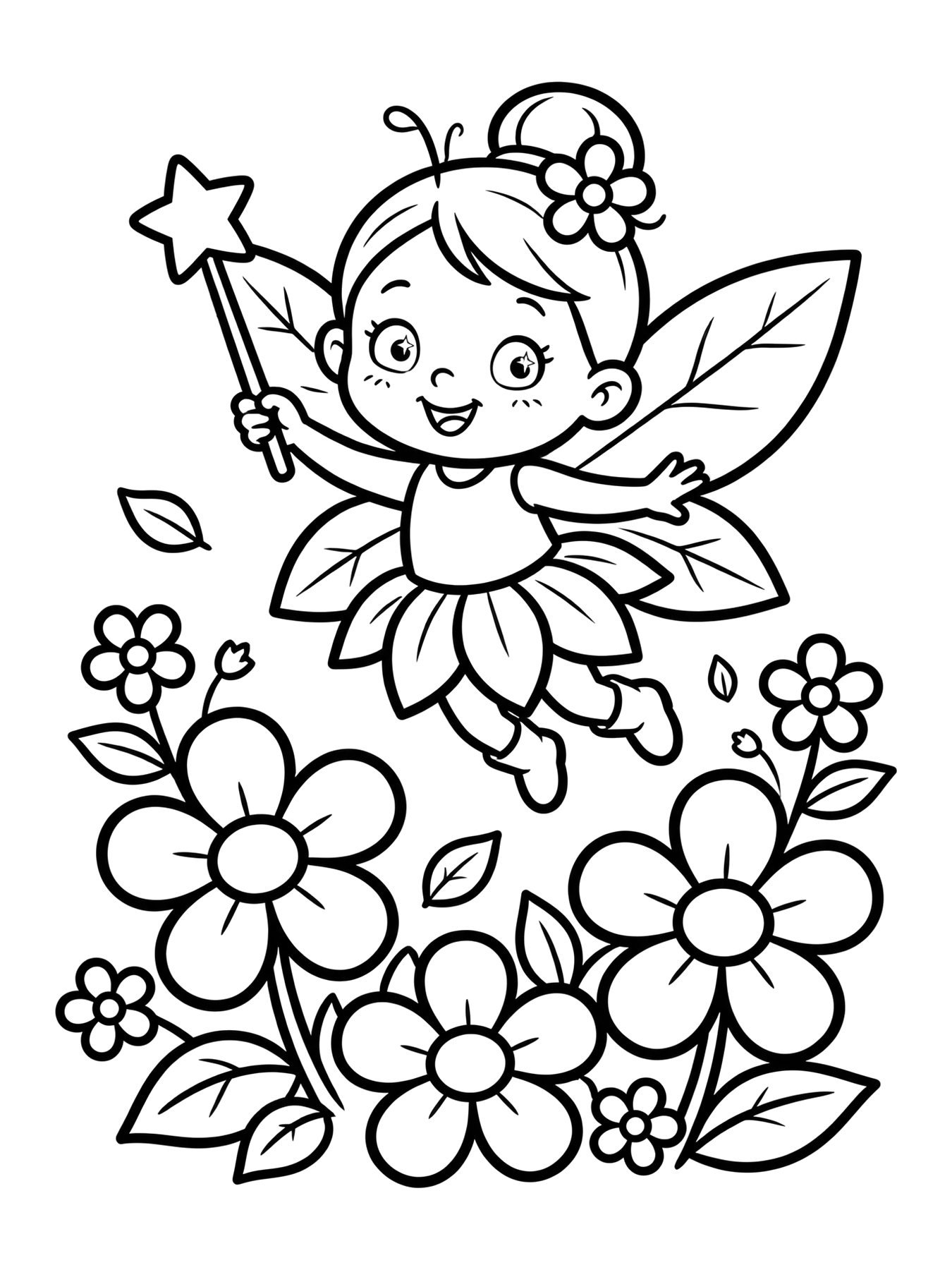 Desenho de fafá a fadinha voando sobre flores para colorir