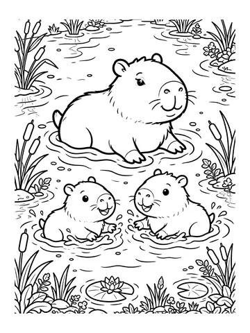 Desenho de família de capivaras no rio para colorir