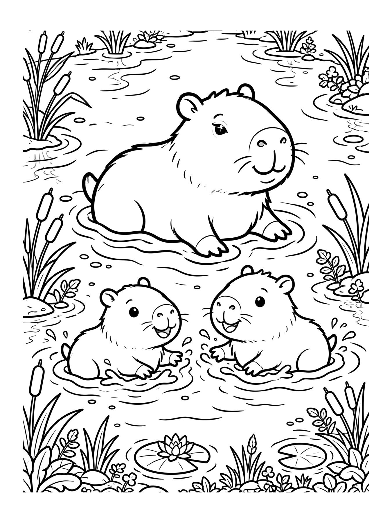 Desenho de família de capivaras no rio para colorir