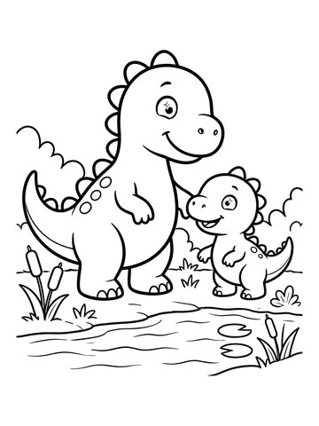 Desenho de família de dinossauros perto do rio para colorir