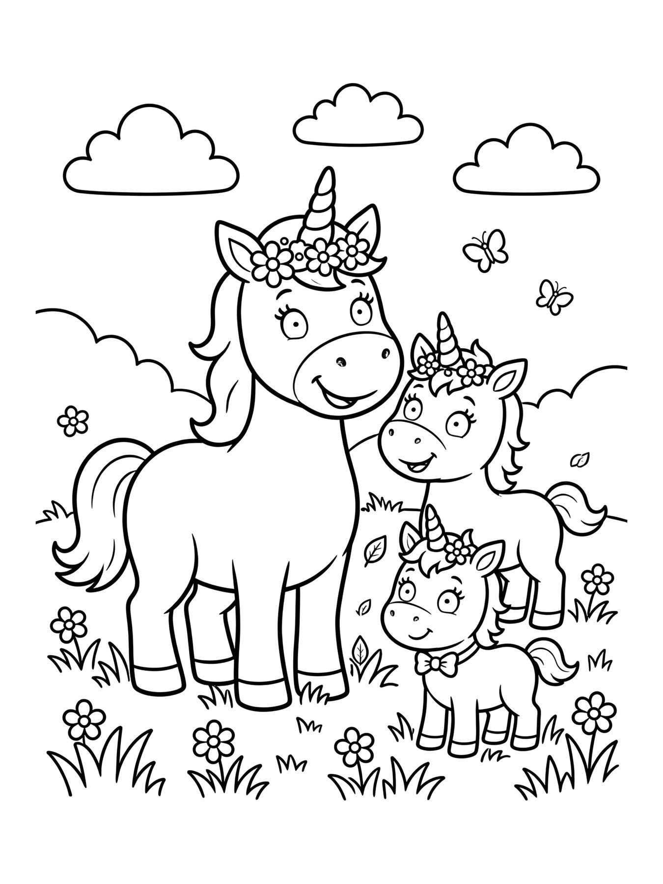 Desenho de família de unicórnios no campo para colorir