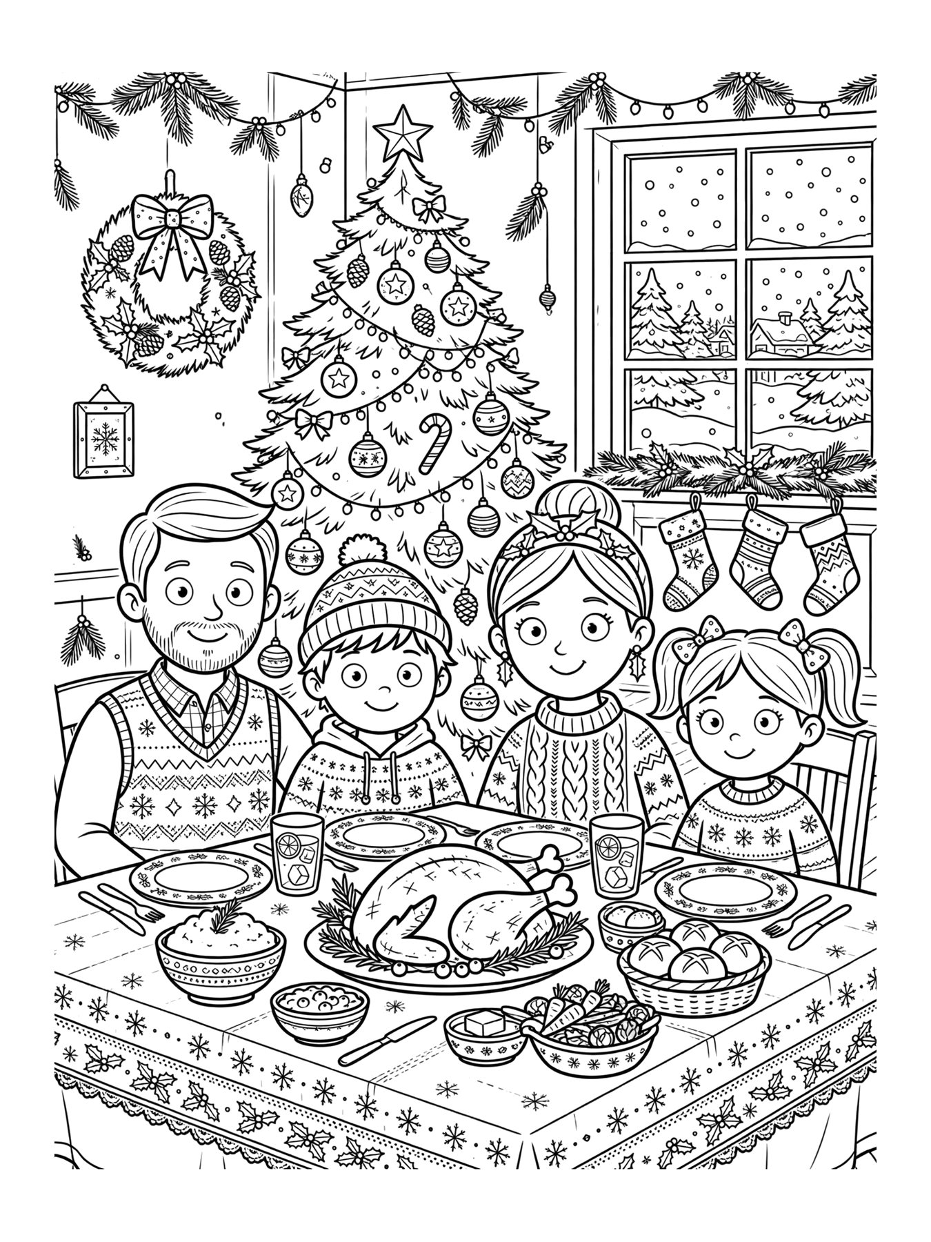 Desenho de família na ceia de Natal para colorir
